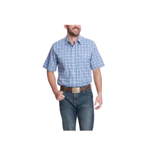Wrangler Men's Plaid Relaxed Fit Short Sleeve Western White Bluebonnet Blue Shirt