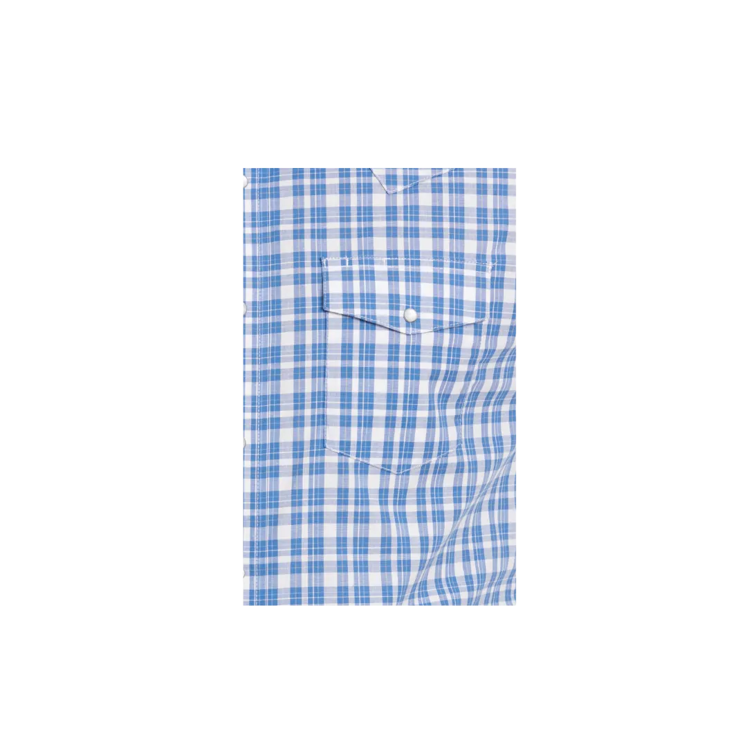 Wrangler Men's Plaid Relaxed Fit Short Sleeve Western White Bluebonnet Blue Shirt